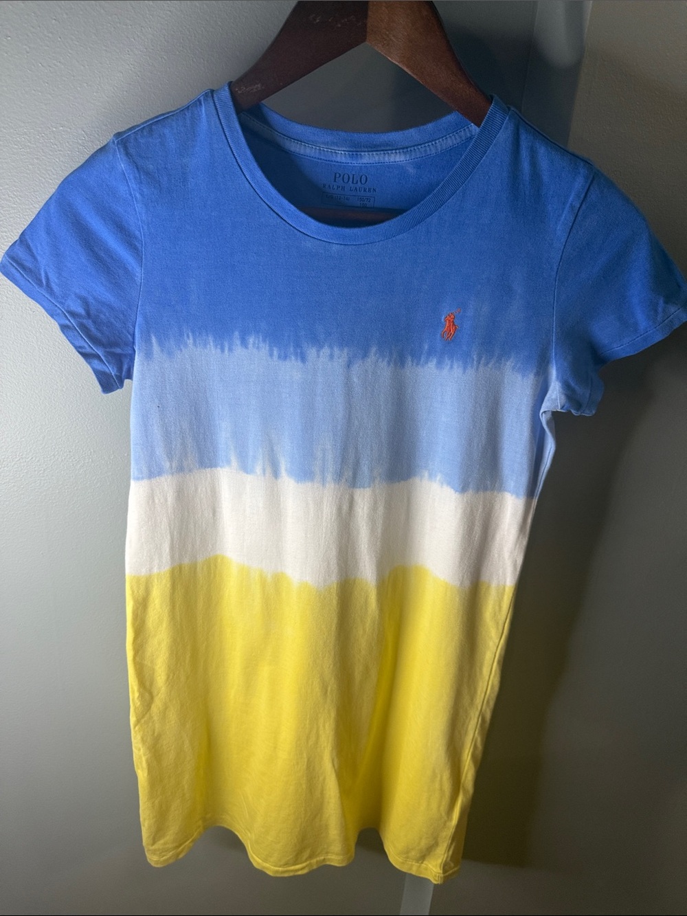 Polo by Ralph Lauren Girls Blue White Yellow Dip-Dye Tee Dress with Orange Pony